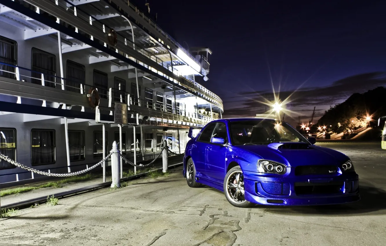 Photo wallpaper machine, auto, pier, sedan, subaru, blue, wrx, impreza