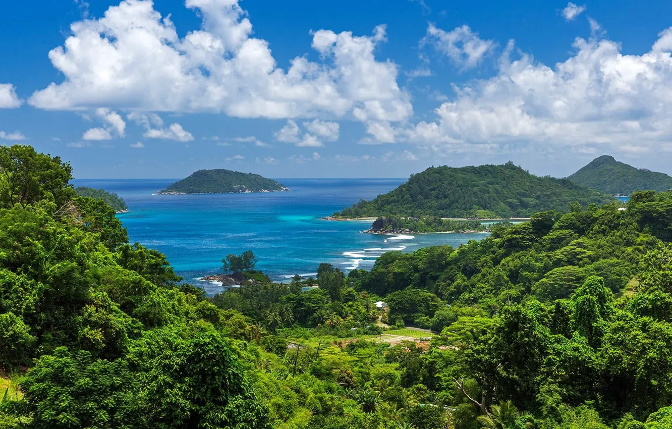 Photo wallpaper tropics, coast, island, exotic, The Indian ocean, Republic of Seychelles, Mahe island, green hills