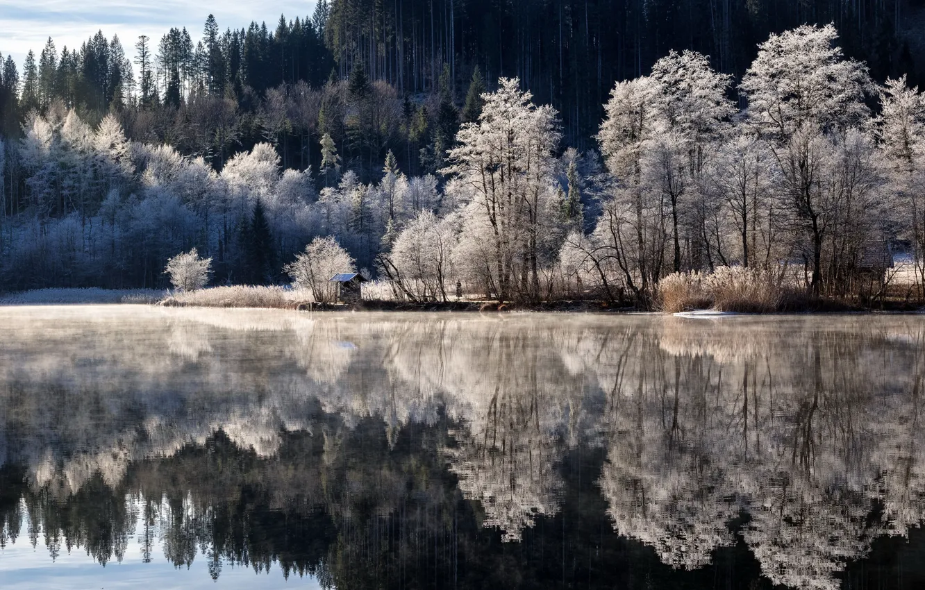 Photo wallpaper winter, lake, morning