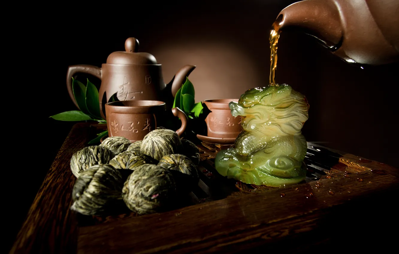 Photo wallpaper leaves, tea, dragon, kettle, Cup, dishes, welding, teapot