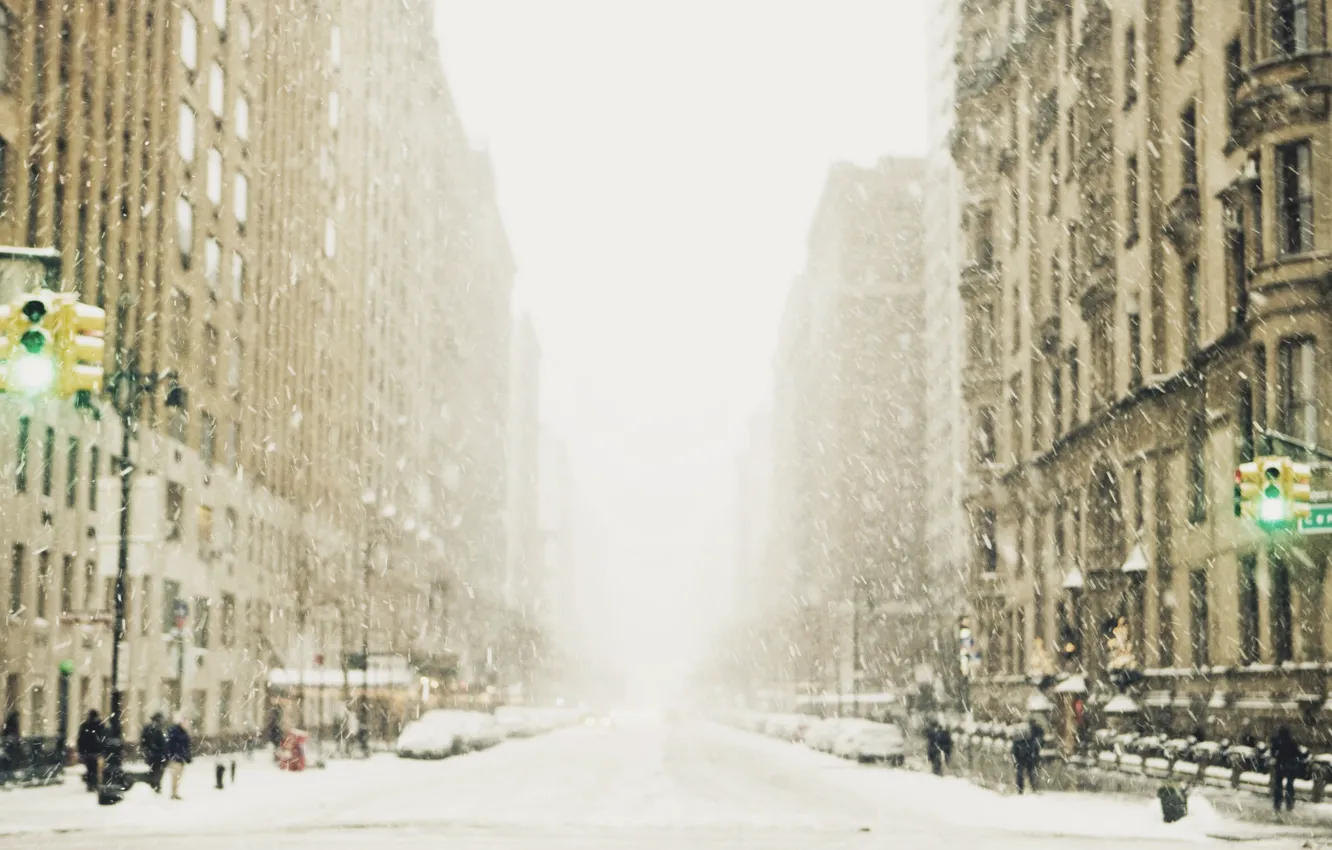 Photo wallpaper winter, snow, the city, street, traffic light, megapolis