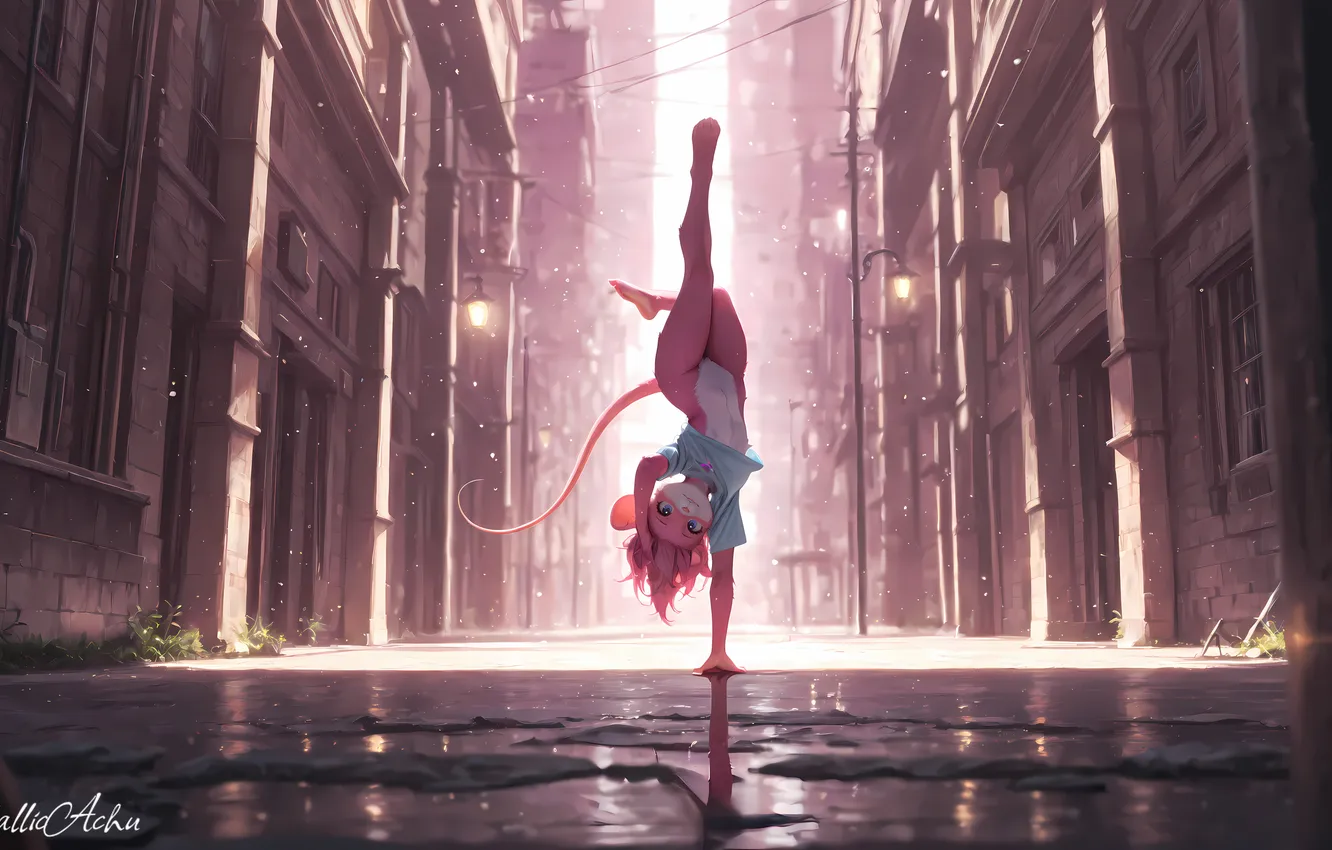 Photo wallpaper digital art, acrobatics, digital art, great mood, head over heels, city street, AI art, Stability …
