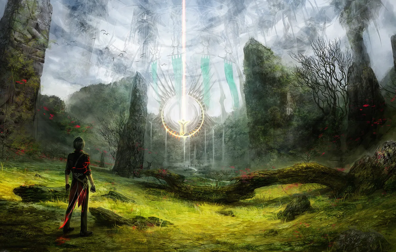 Photo wallpaper forest, light, stones, magic, traveler, temple, guy