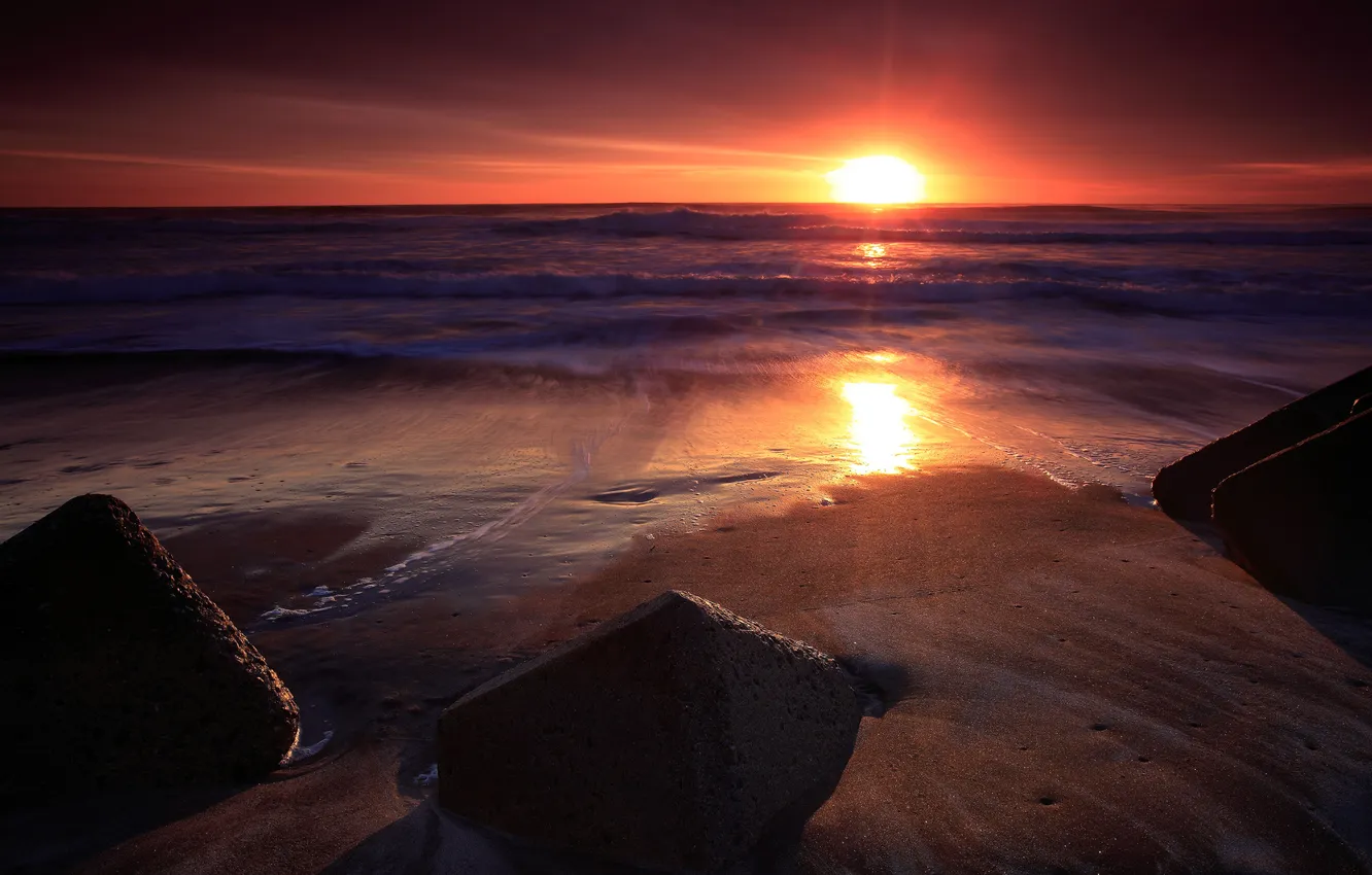 Photo wallpaper sand, sea, wave, water, the sun, rock, stones, the ocean