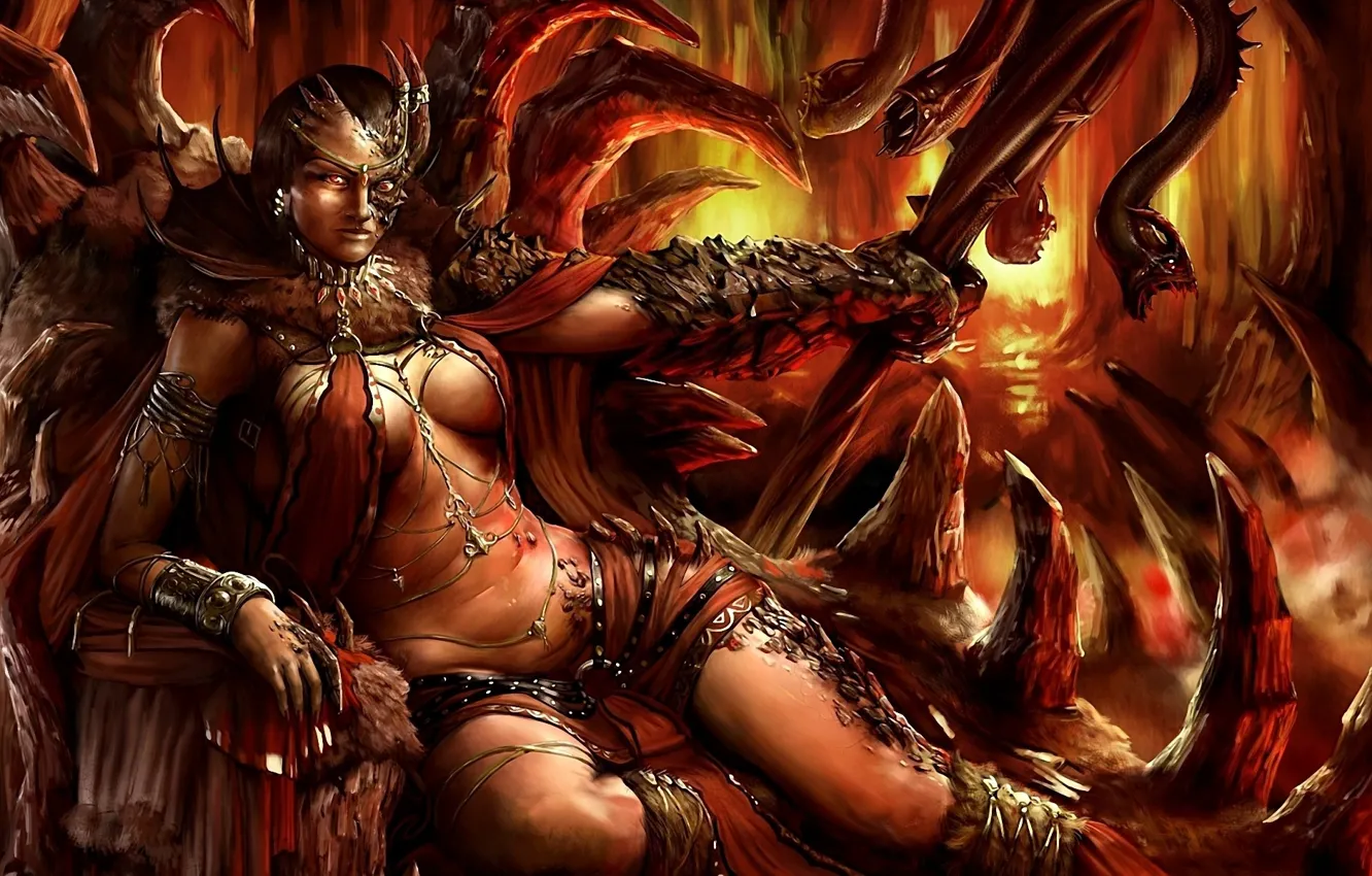 Photo wallpaper snakes, monster, armor, scales, mouth, fangs, cave, demoness