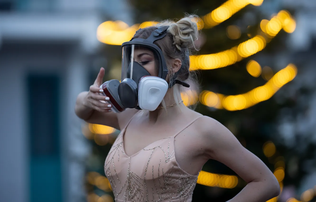 Photo wallpaper girl, face, gas mask