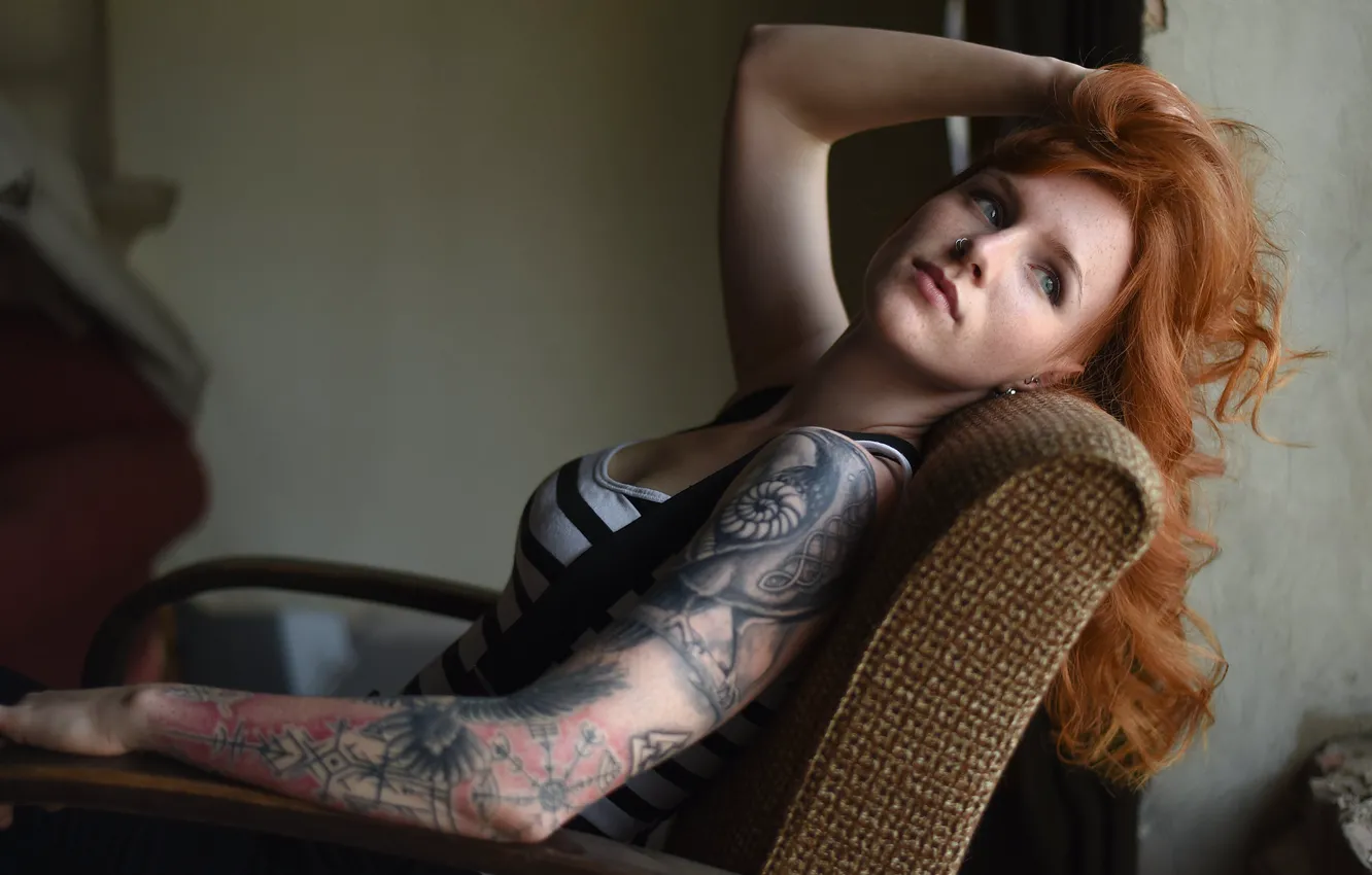 Photo wallpaper girl, chair, tattoo