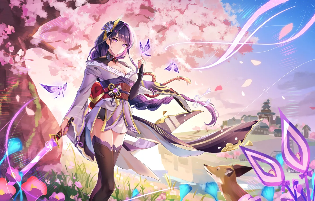 Photo wallpaper the city, butterfly, sword, Sakura, Fox, Genshin Impact, Raiden Shogun