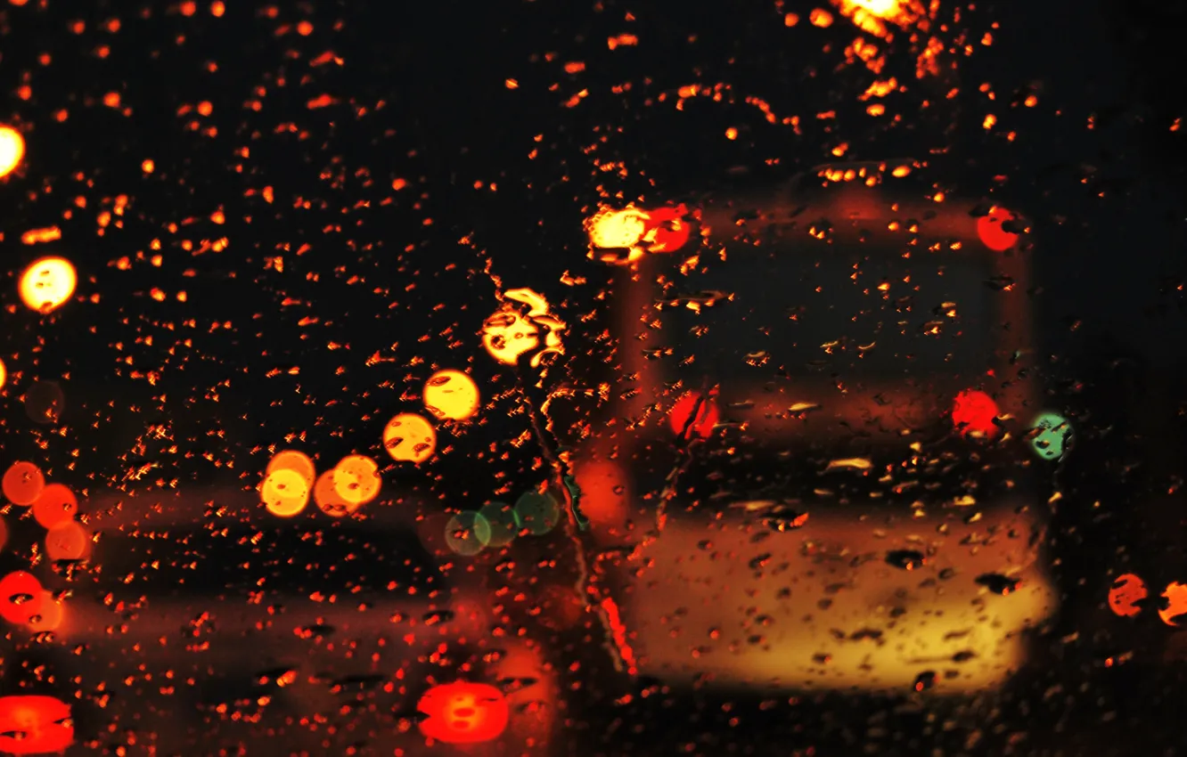 Photo wallpaper road, glass, water, drops, the city, lights, rain, mood