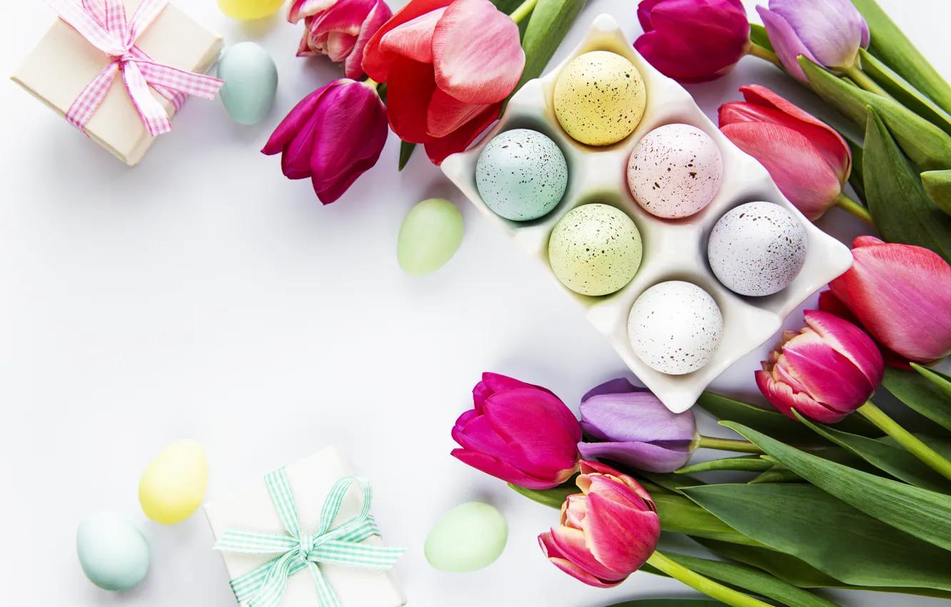 Photo wallpaper flowers, eggs, spring, colorful, Easter, tulips, pink, flowers