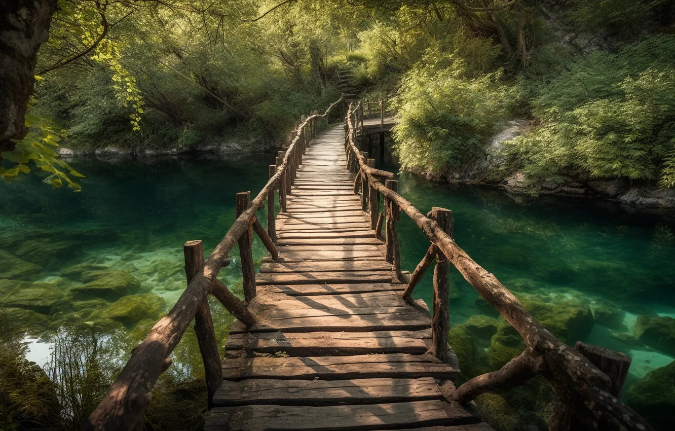 Photo wallpaper greens, forest, summer, light, landscape, bridge, nature, lake