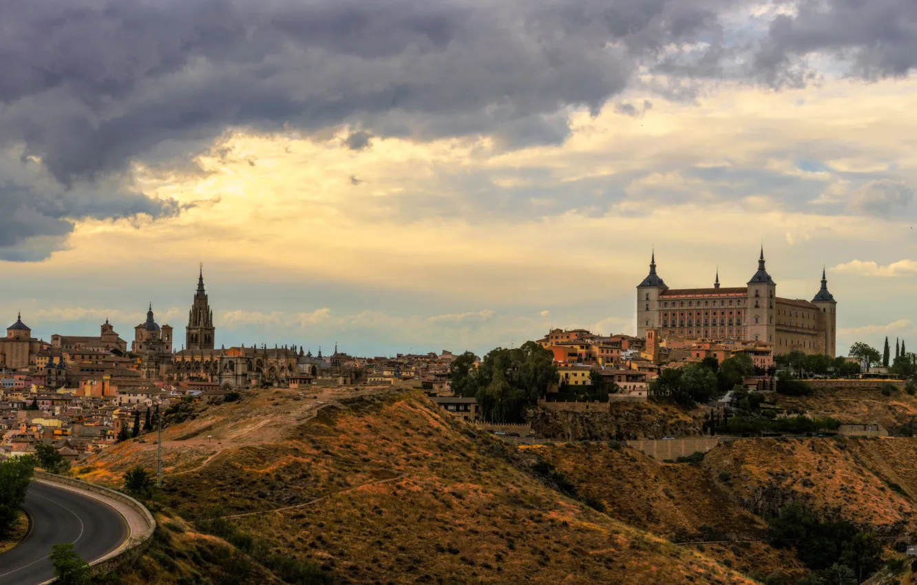 Photo wallpaper road, the sky, clouds, trees, landscape, home, Spain, Toledo