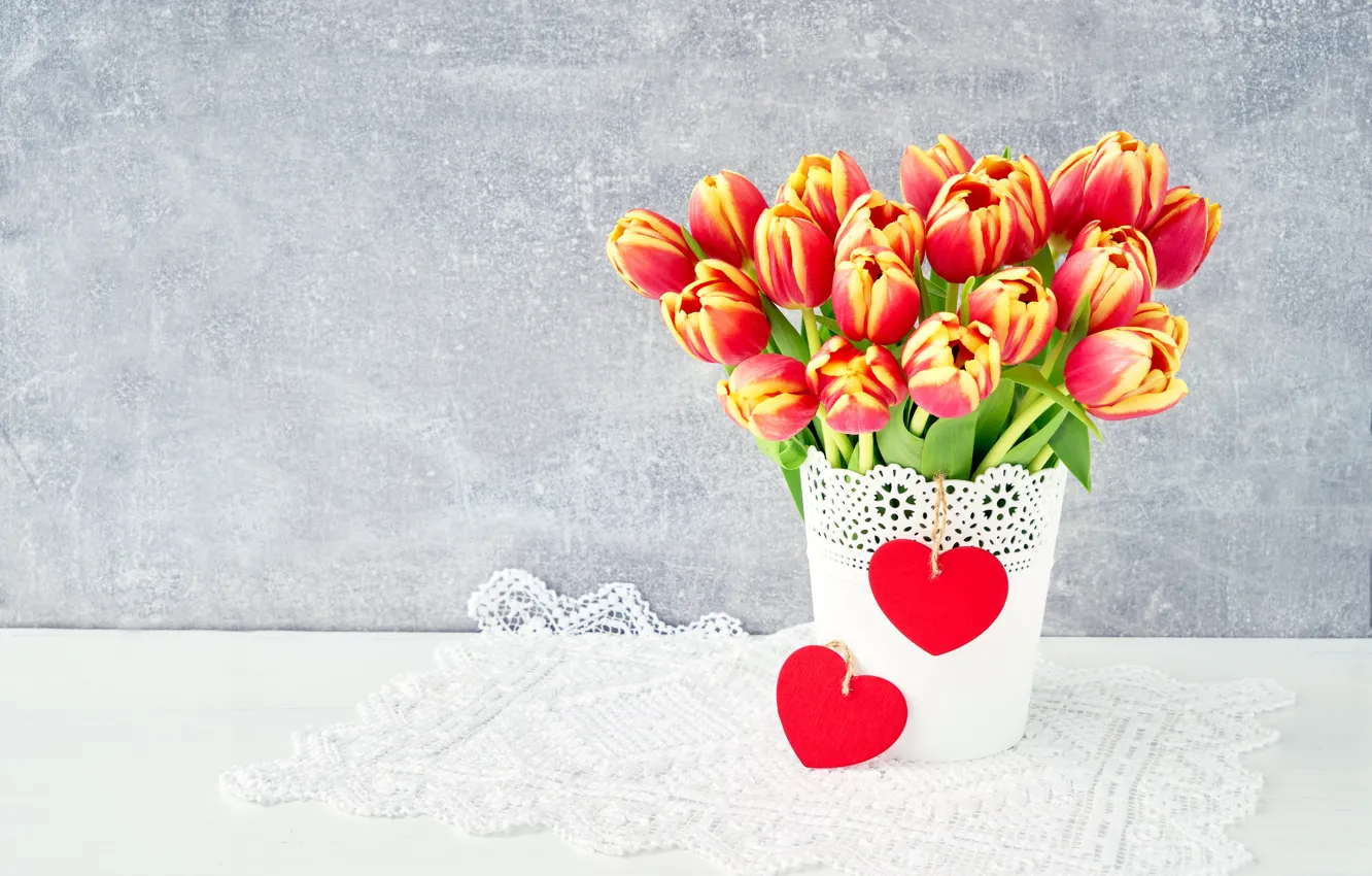 Photo wallpaper love, flowers, heart, bouquet, colorful, tulips, red, love
