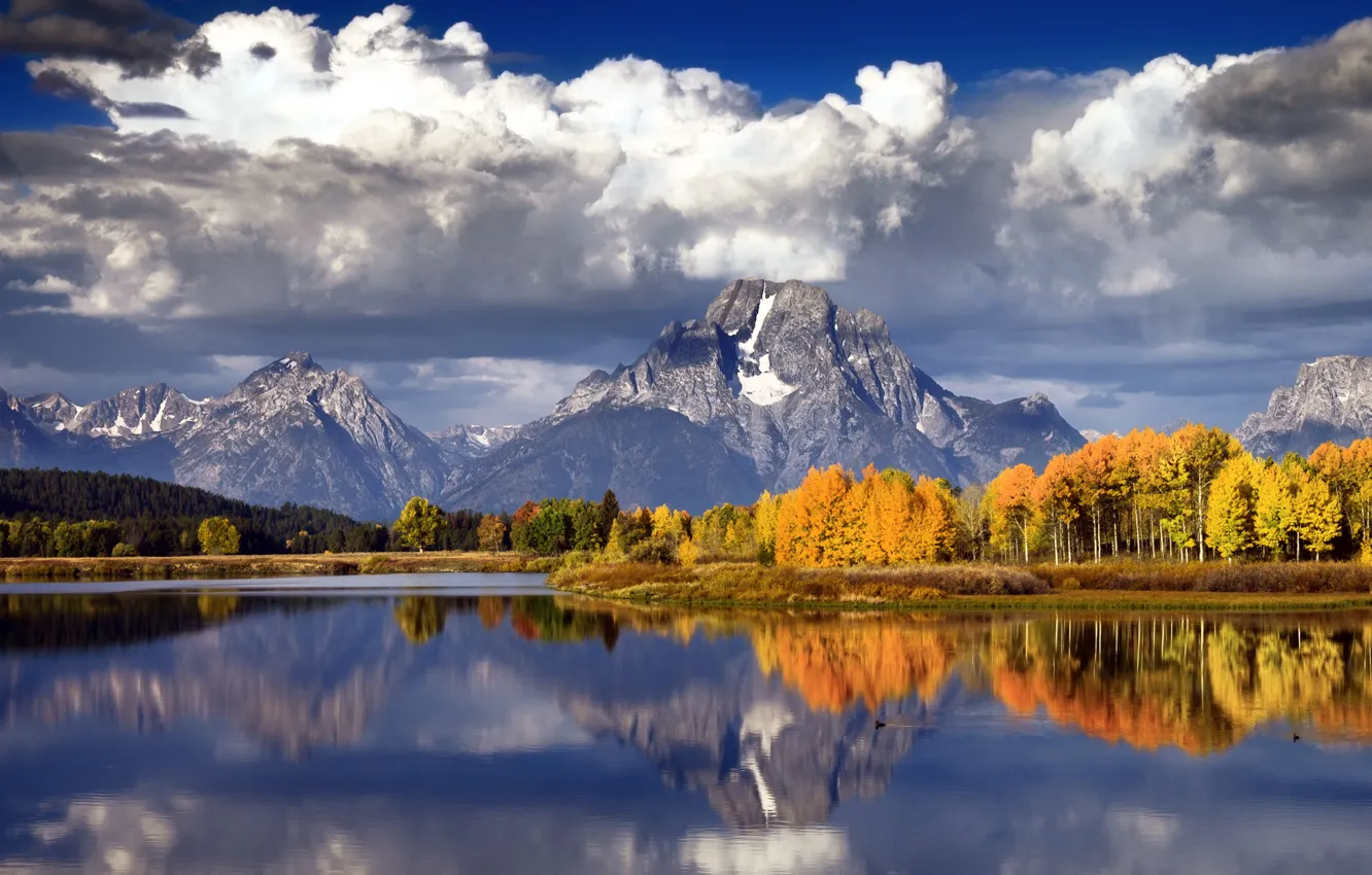 Photo wallpaper autumn, forest, the sky, clouds, mountains, clouds, lake, river