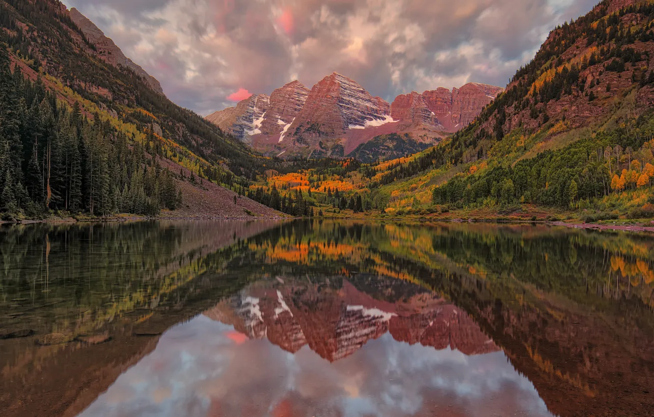 Photo wallpaper autumn, forest, the sky, clouds, mountains, lake, reflection, rocks