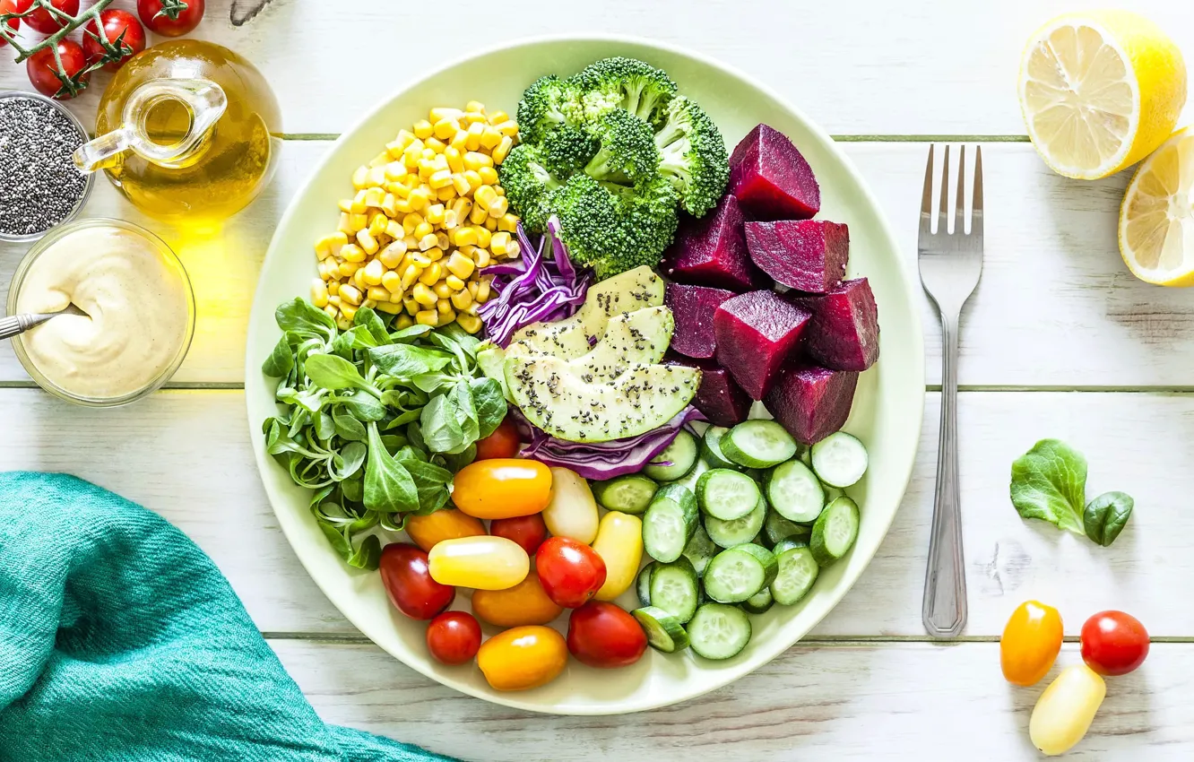 Photo wallpaper greens, lemon, Board, oil, food, towel, corn, plate