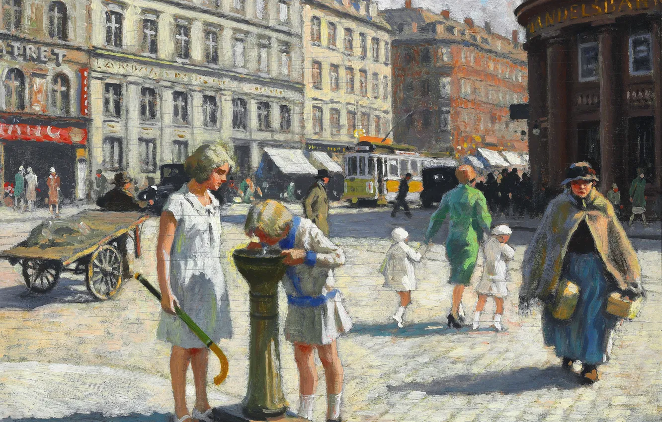 Photo wallpaper Home, People, Tram, Picture, Copenhagen, Paul Gustav Fischer, Paul Gustav Fischer, Hot summer day in …