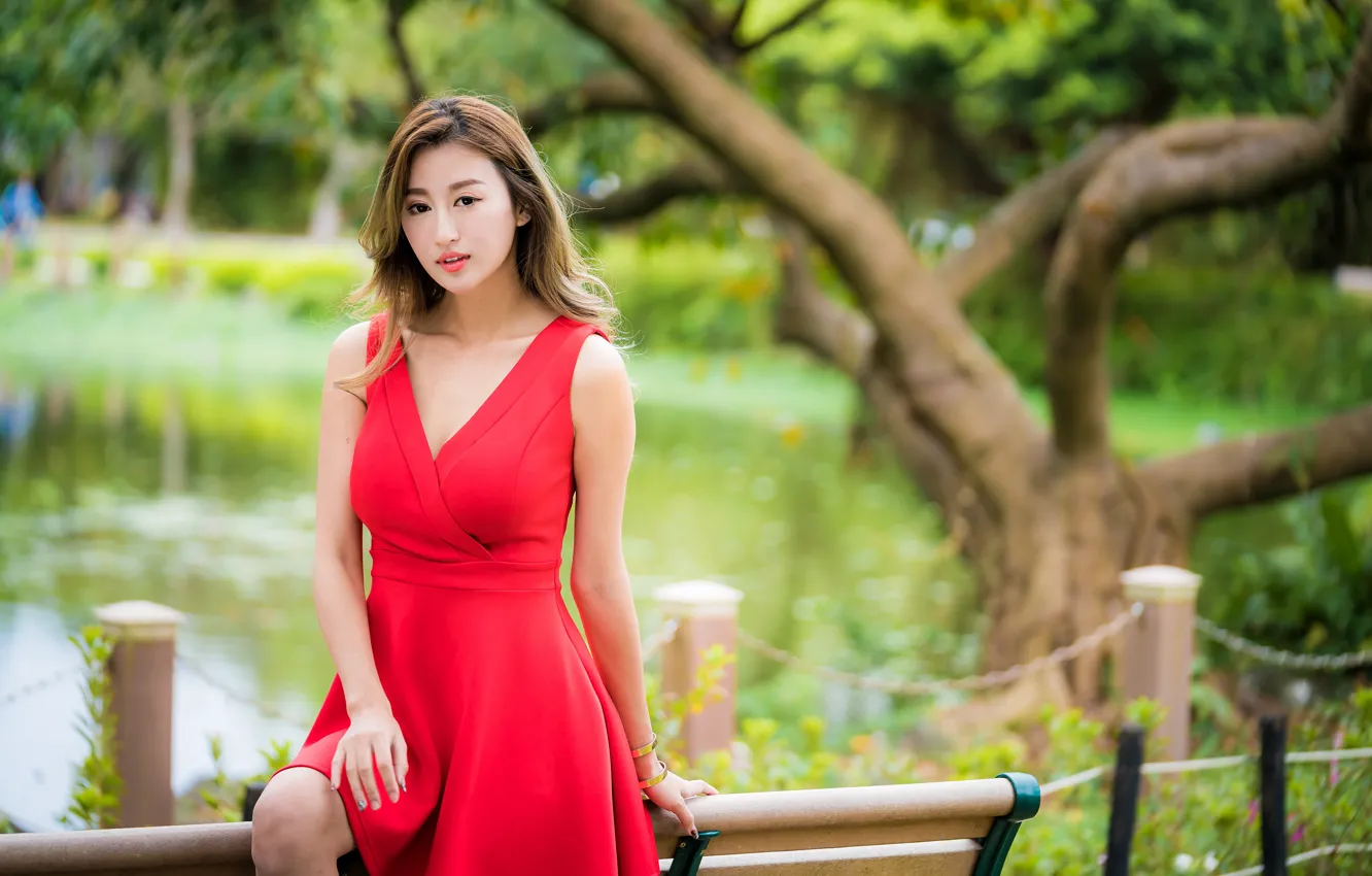 Photo wallpaper girl, red, sweetheart, dress, Asian
