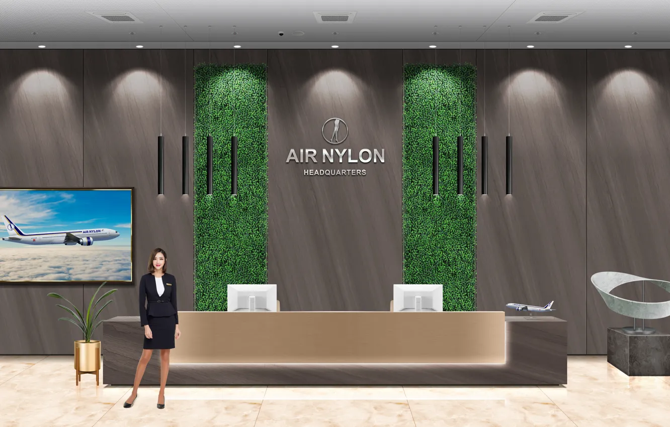 Photo wallpaper airplane, lobby, reception, office lady, reception desk