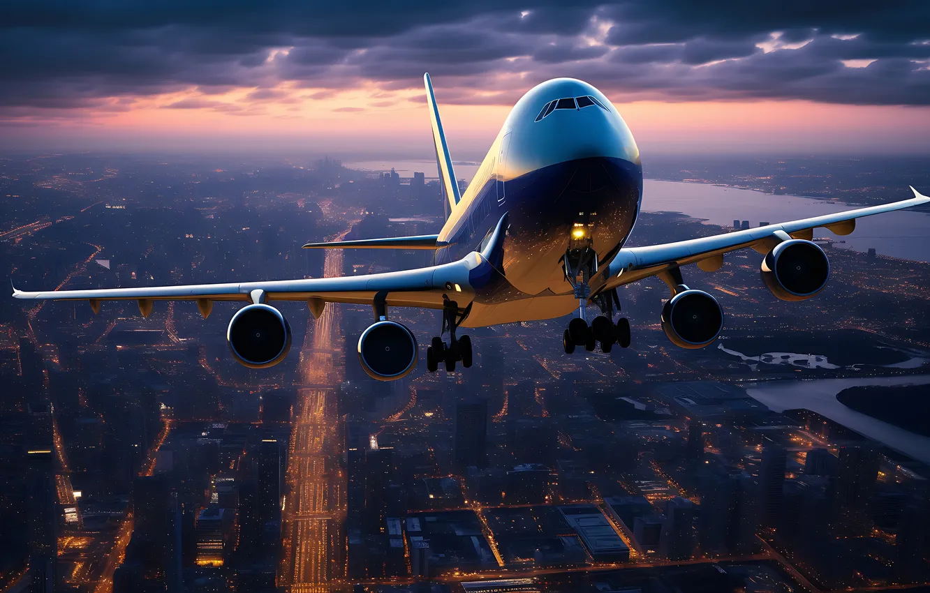 Photo wallpaper clouds, dawn, the plane, liner, the rise, digital art, AI art, The Art of Artificial …