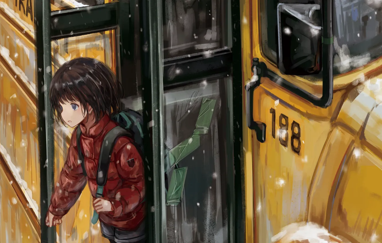 Photo wallpaper art, girl, school bus