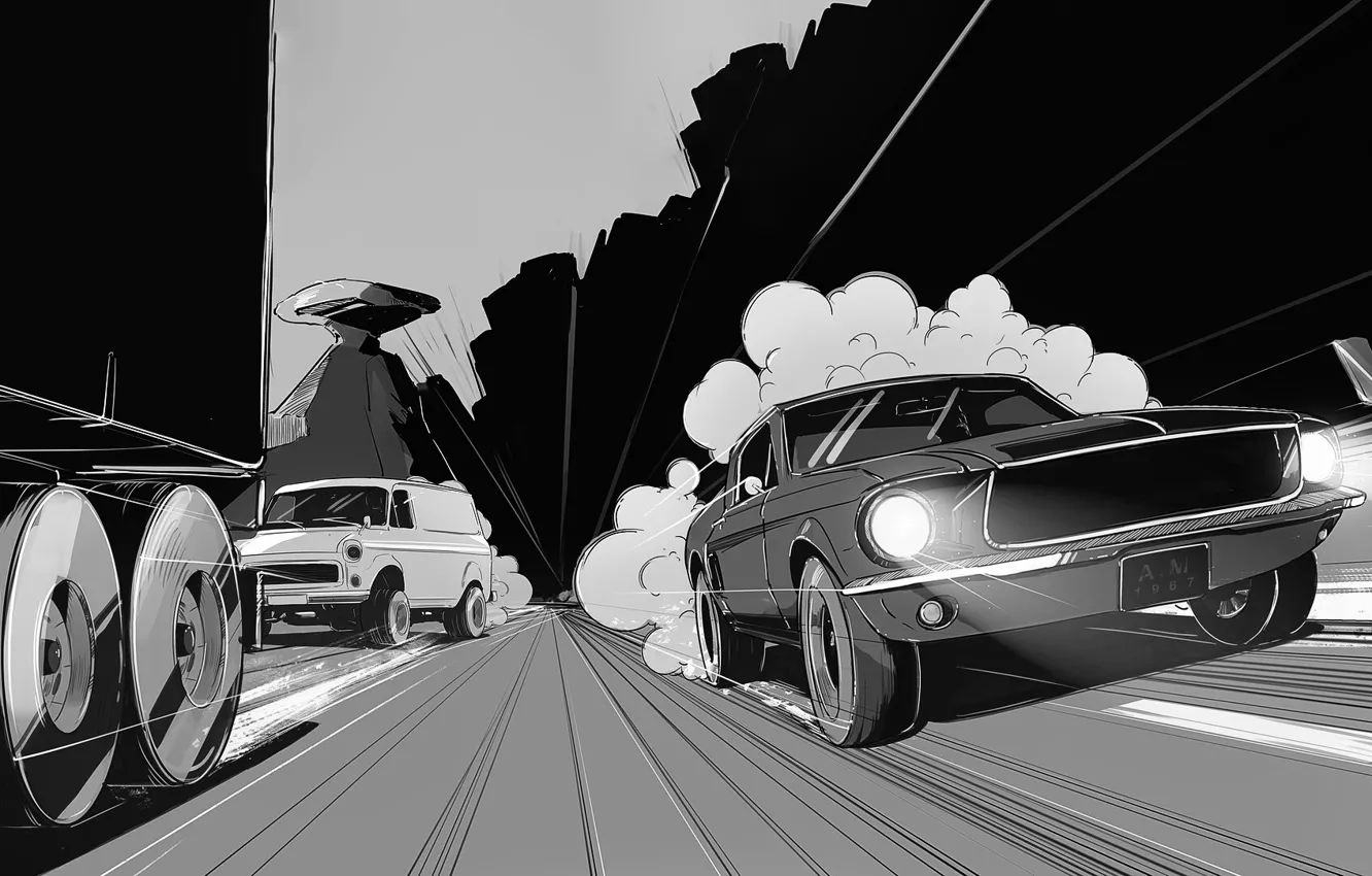 Photo wallpaper road, machine, auto, style, Mustang, Ford, chase, Ford Mustang