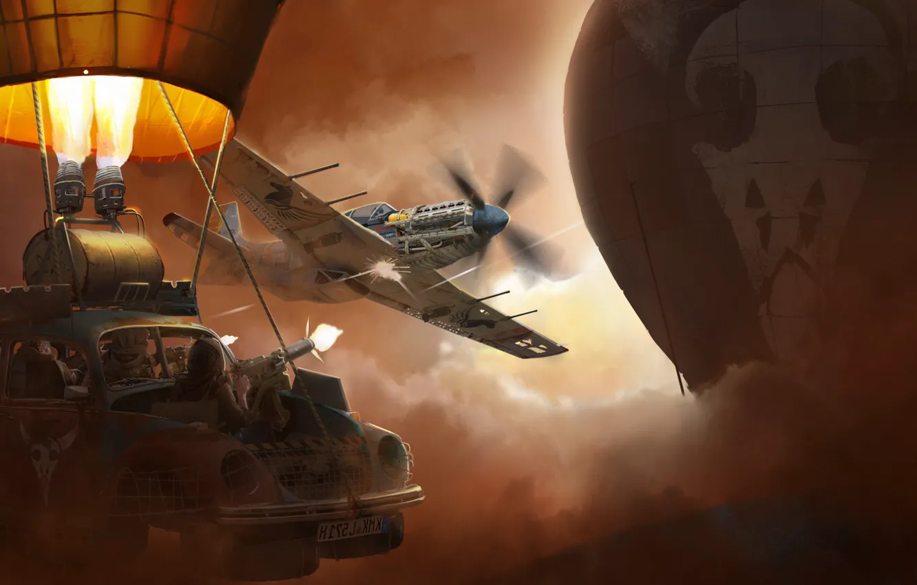 Photo wallpaper machine, balloon, weapons, skull, art, the plane, the fire
