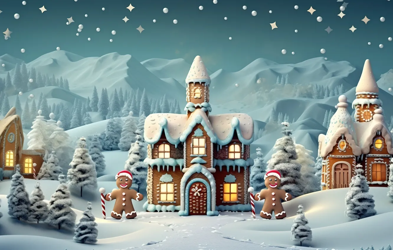 Photo wallpaper winter, snow, New Year, village, Christmas, houses, house, new year