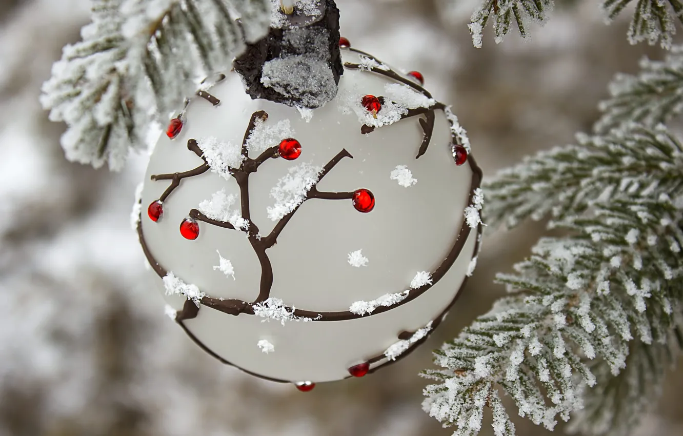 Photo wallpaper winter, snow, branches, holiday, ball, ball, Christmas, New year