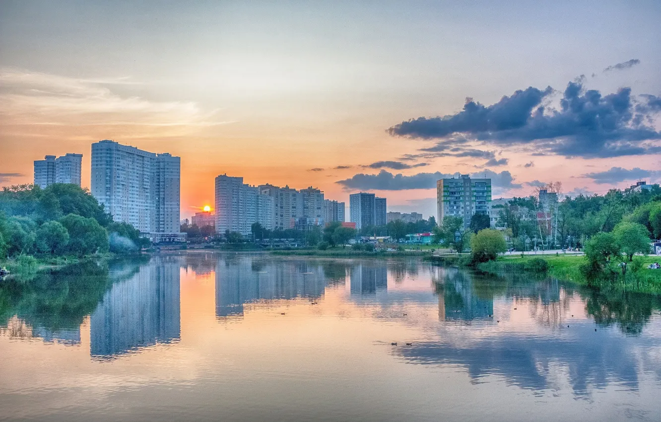 Photo wallpaper the sky, clouds, sunset, reflection, the evening, Pushkino, Andrey Plotnikov