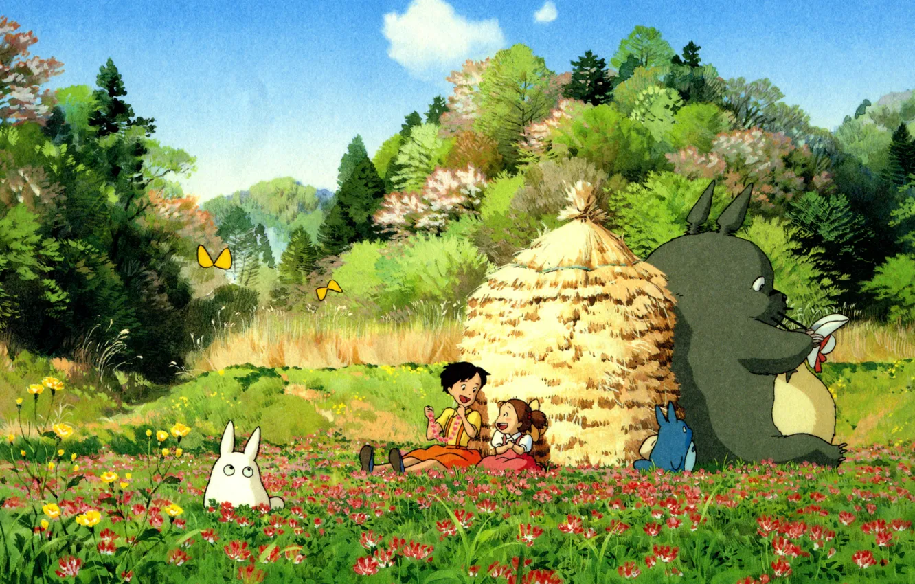 Photo wallpaper summer, butterfly, flowers, being, stack, meadow, sisters, my neighbor Totoro