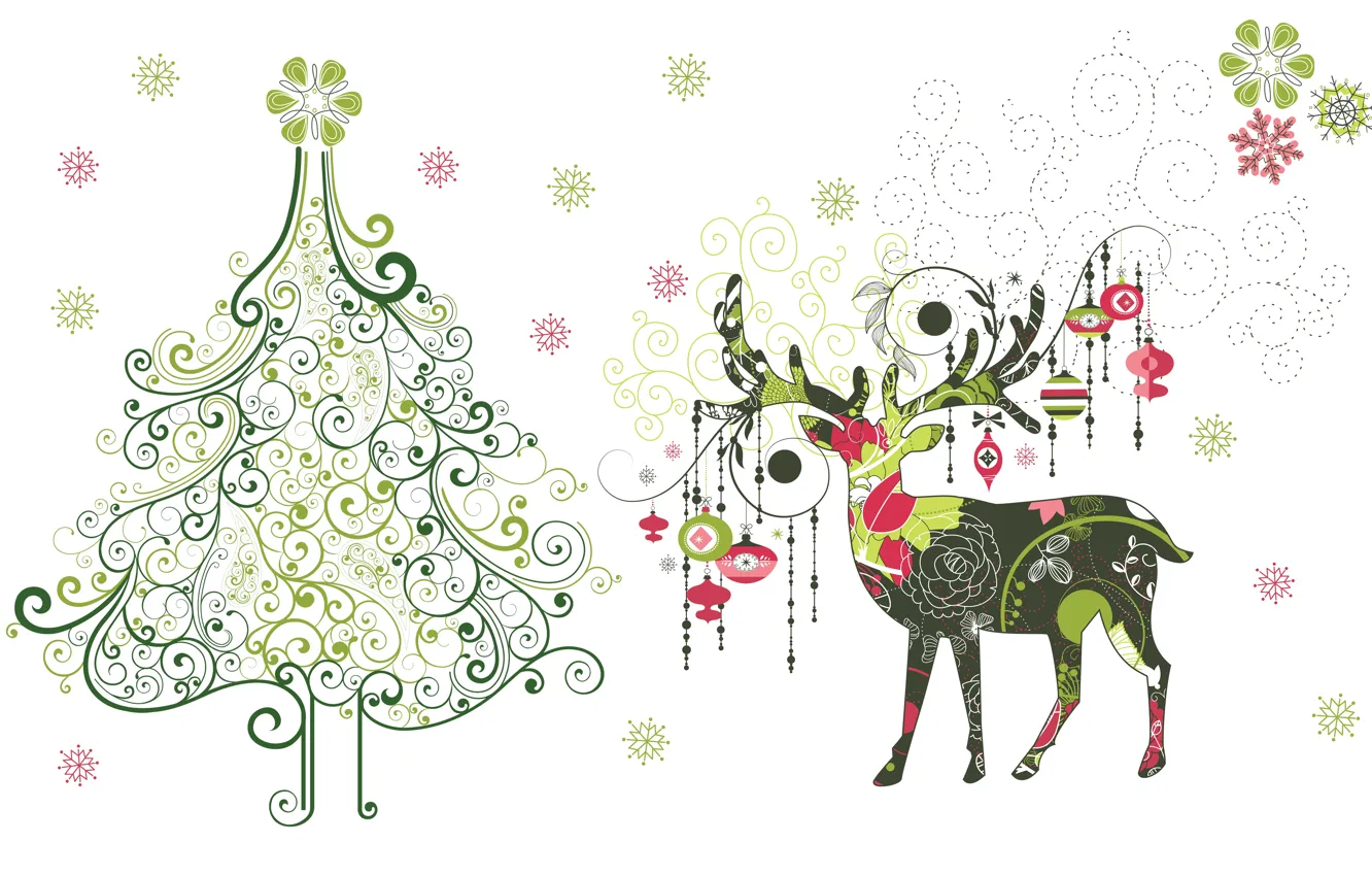 Photo wallpaper snowflakes, holiday, toys, minimalism, vector, deer, art, New year