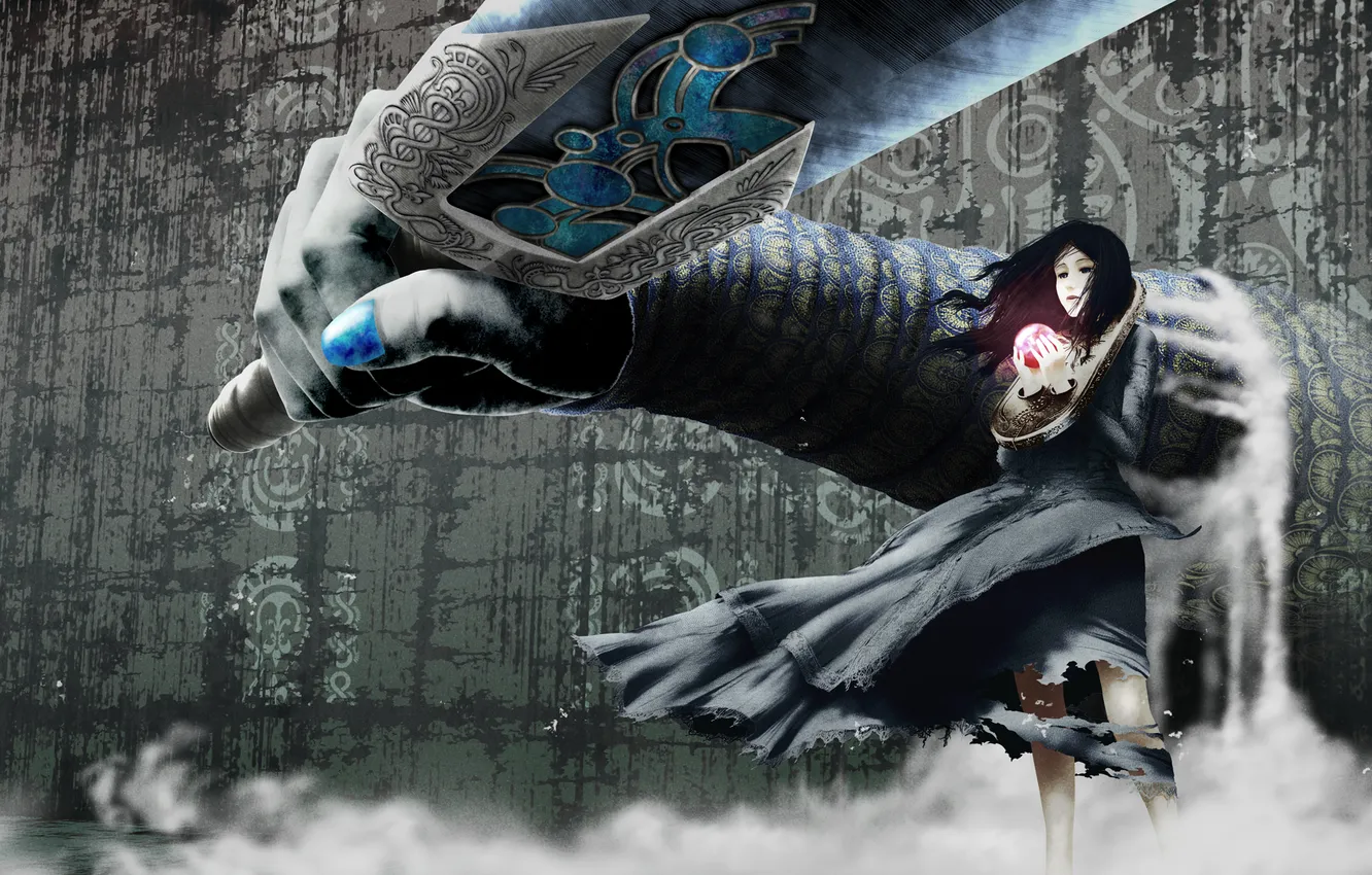 Photo wallpaper girl, balls, magic, sword, hands, dress, art, sphere