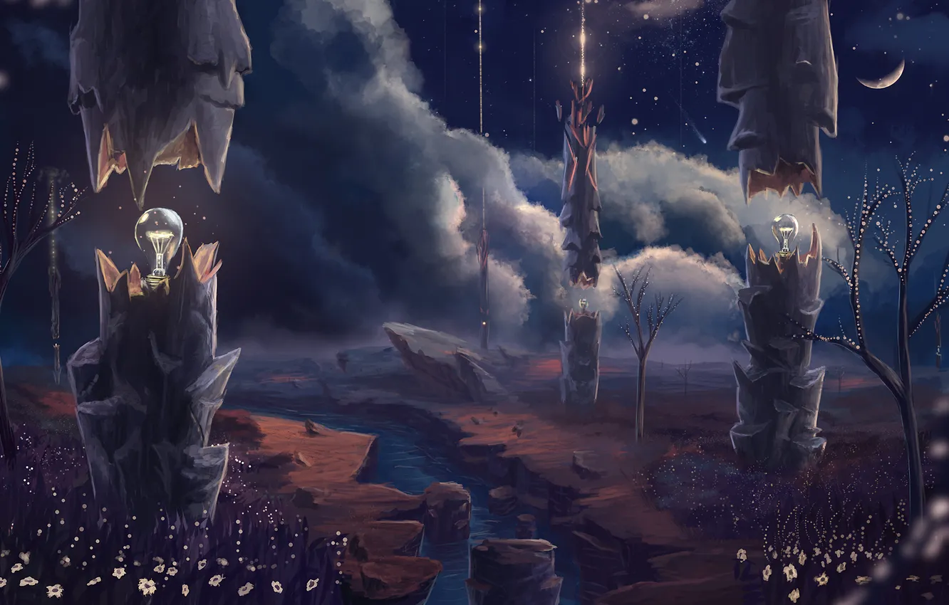 Photo wallpaper trees, flowers, night, river, fantasy, the moon, lamp, art