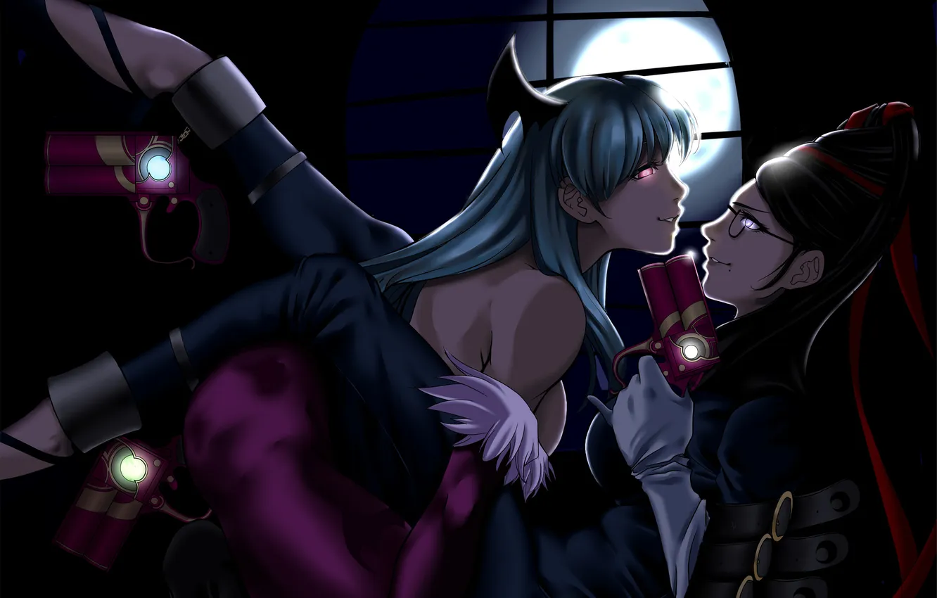 Photo wallpaper look, girl, night, smile, weapons, the demon, hugs, art