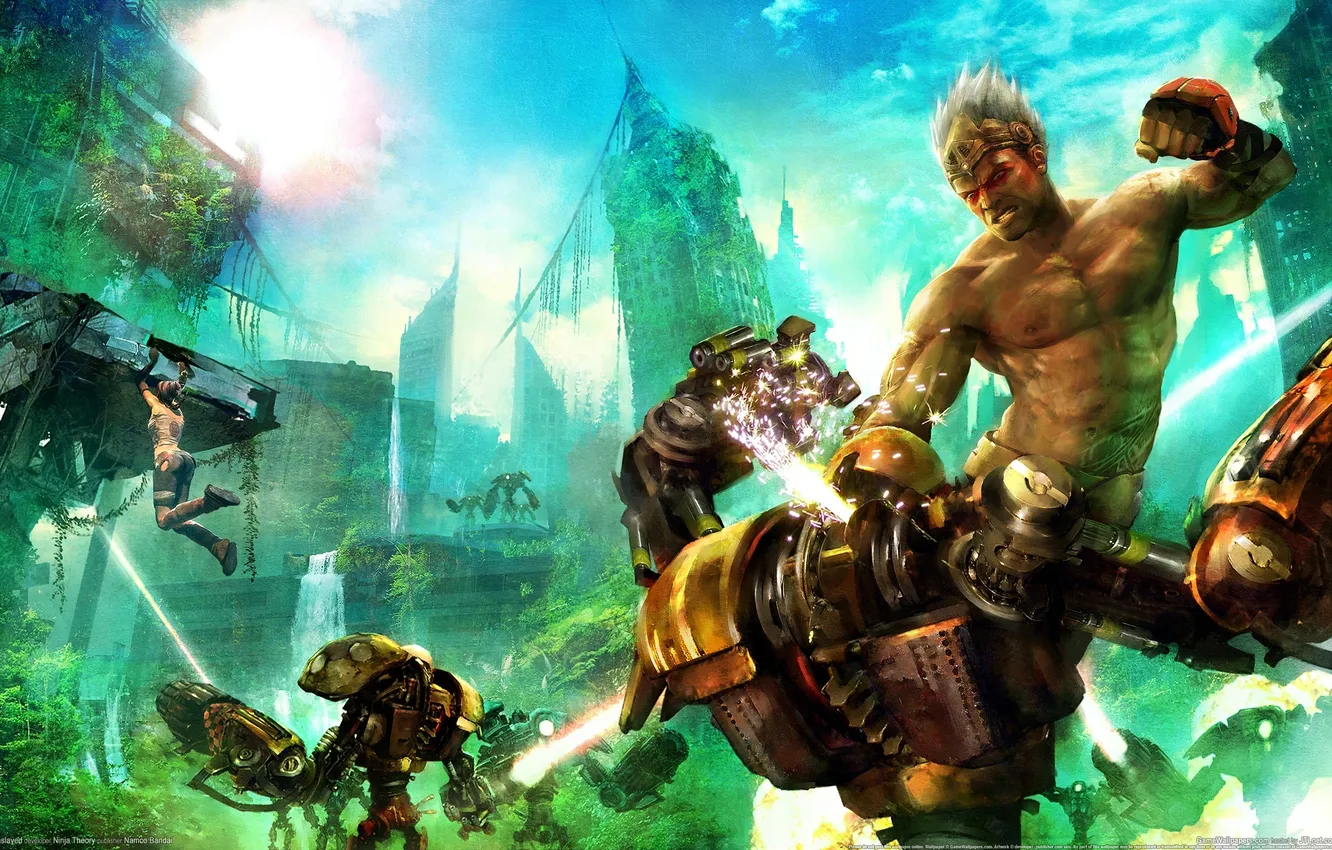 Photo wallpaper the sky, trees, the city, weapons, jump, game wallpapers, Ninja Theory, Enslaved