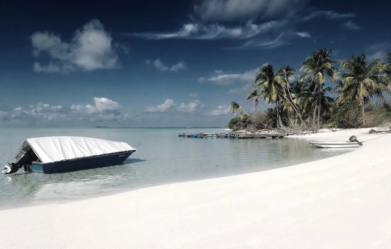 Photo wallpaper sand, the sky, clouds, palm trees, the ocean, coast, boat, horizon