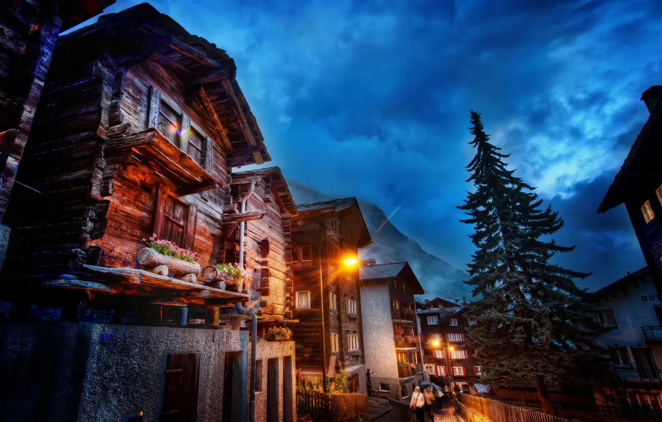 Photo wallpaper the sky, clouds, night, the city, photo, HDR, home, Switzerland