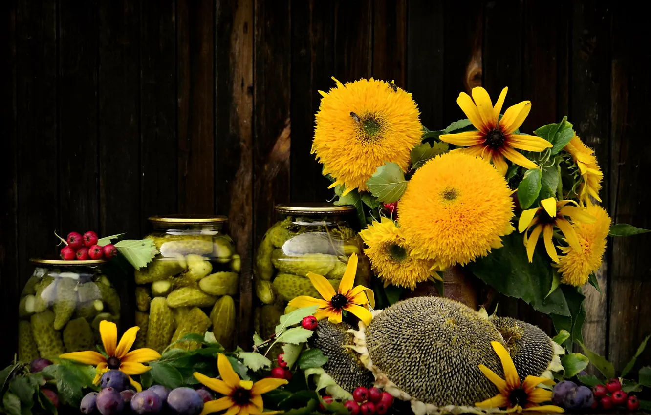 Photo wallpaper autumn, flowers, bouquet, still life, plum, sunflower, September, cottage