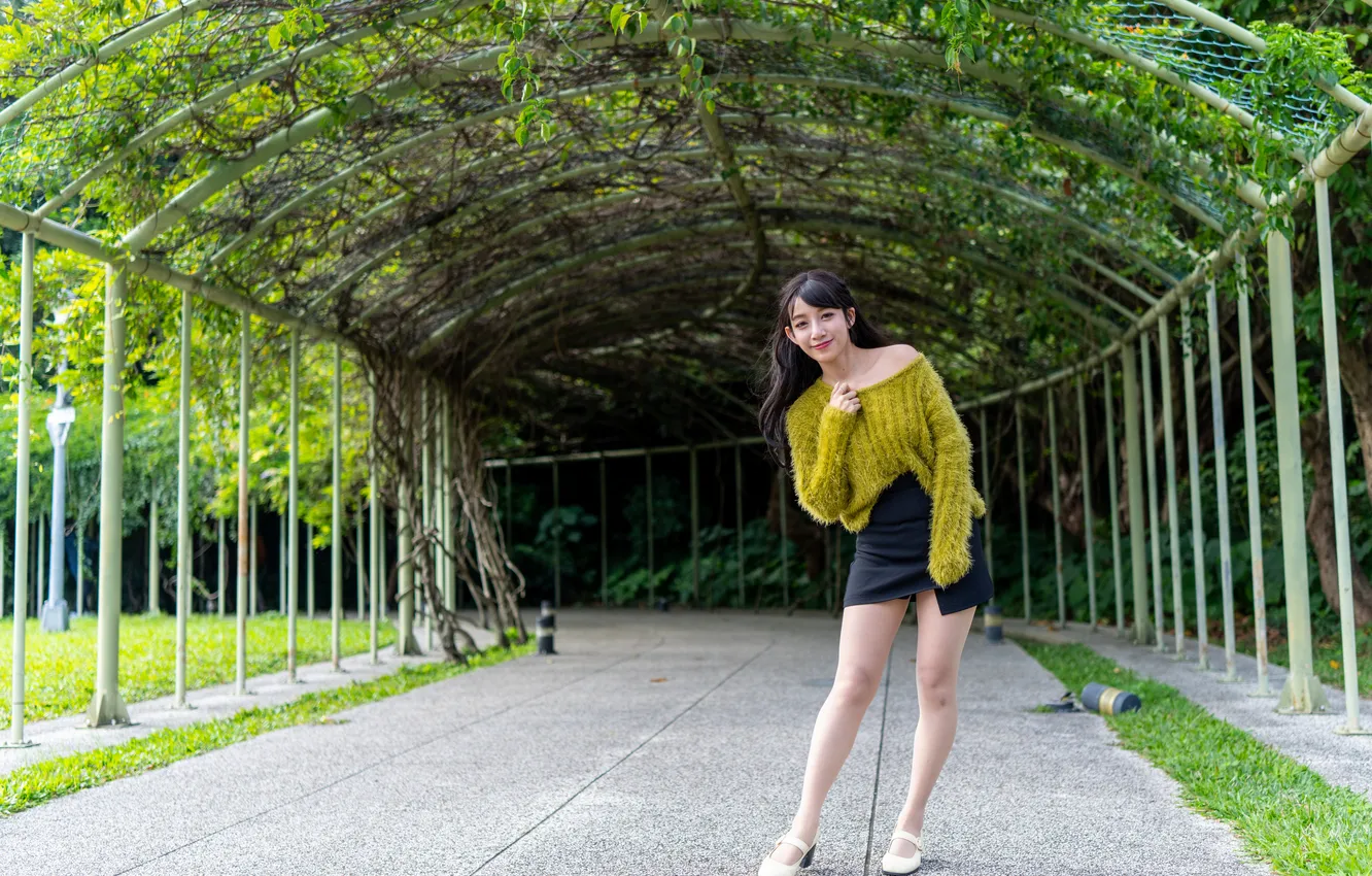 Photo wallpaper girl, pose, skirt, brunette, legs, Asian, sweater