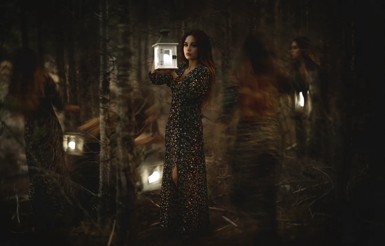 Photo wallpaper forest, look, girl, trees, branches, darkness, blur, mystic
