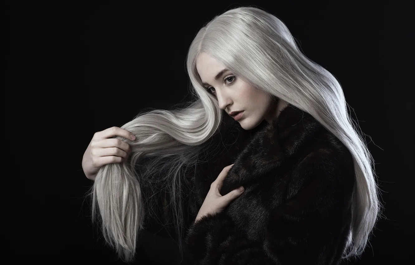 Photo wallpaper girl, face, the dark background, portrait, blonde, beauty, coat, long hair