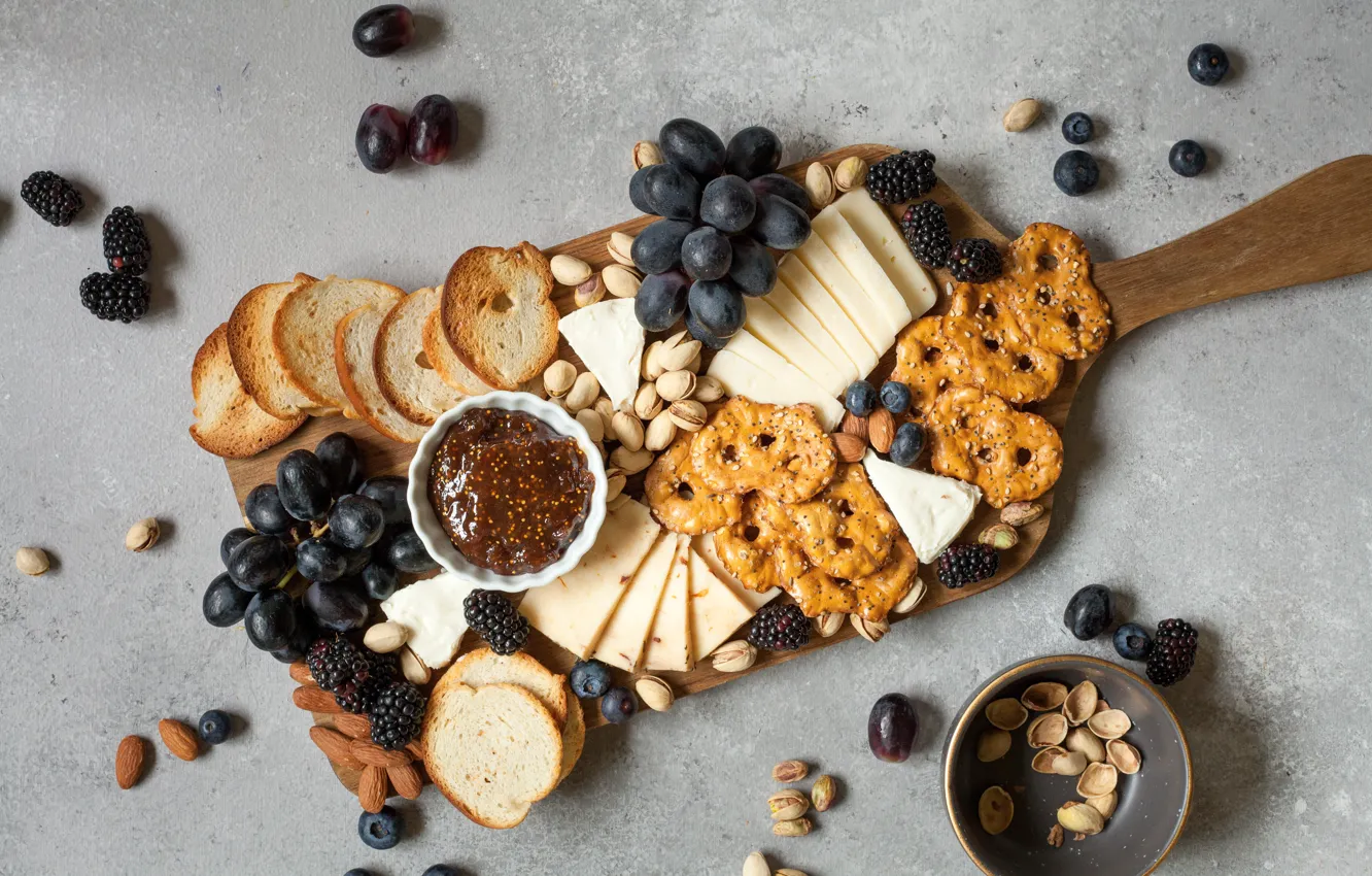 Photo wallpaper food, cheese, cookies, grapes, nuts, BlackBerry
