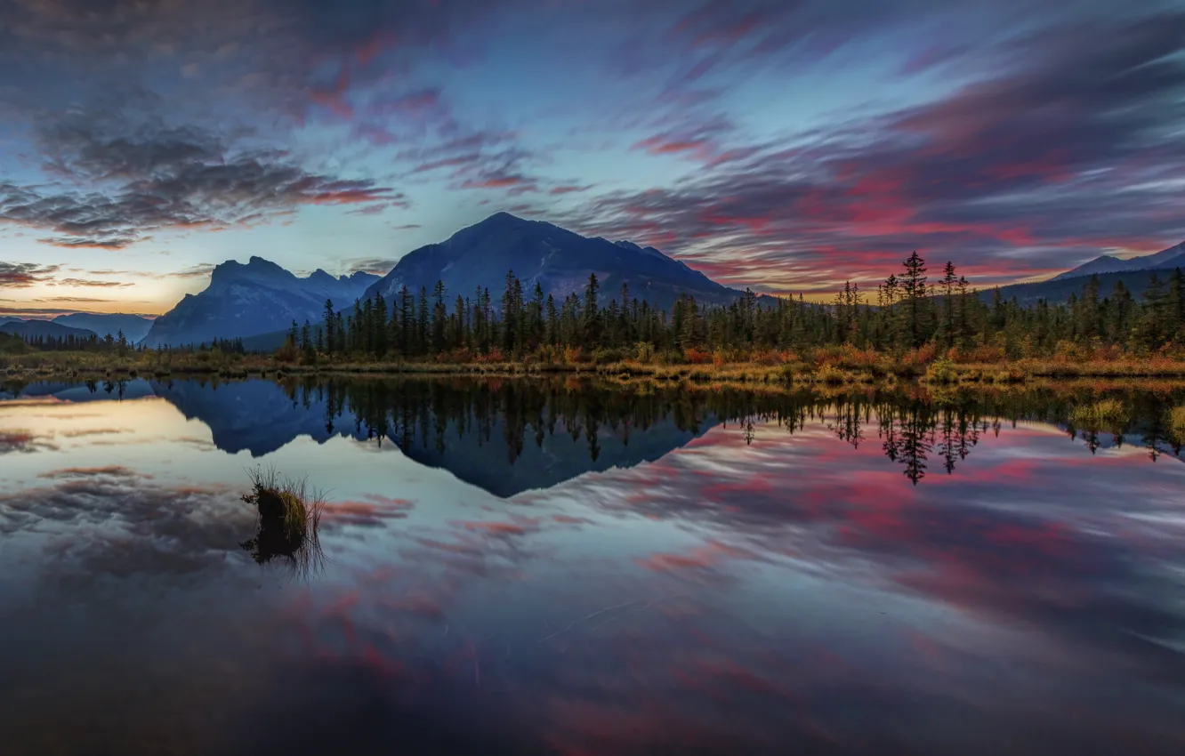 Photo wallpaper mountains, reflection, panorama, pond