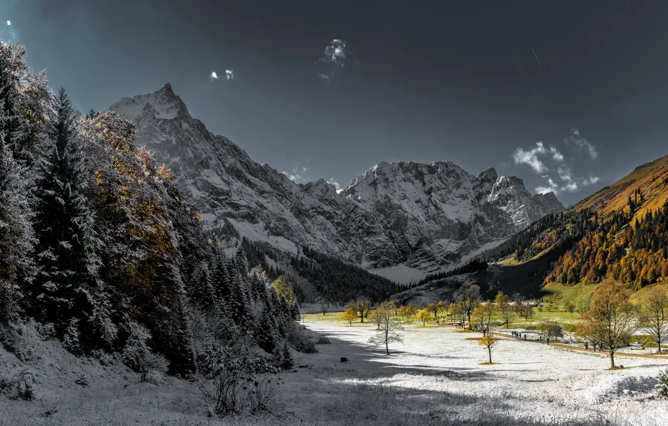 Photo wallpaper winter, light, snow, mountains, nature