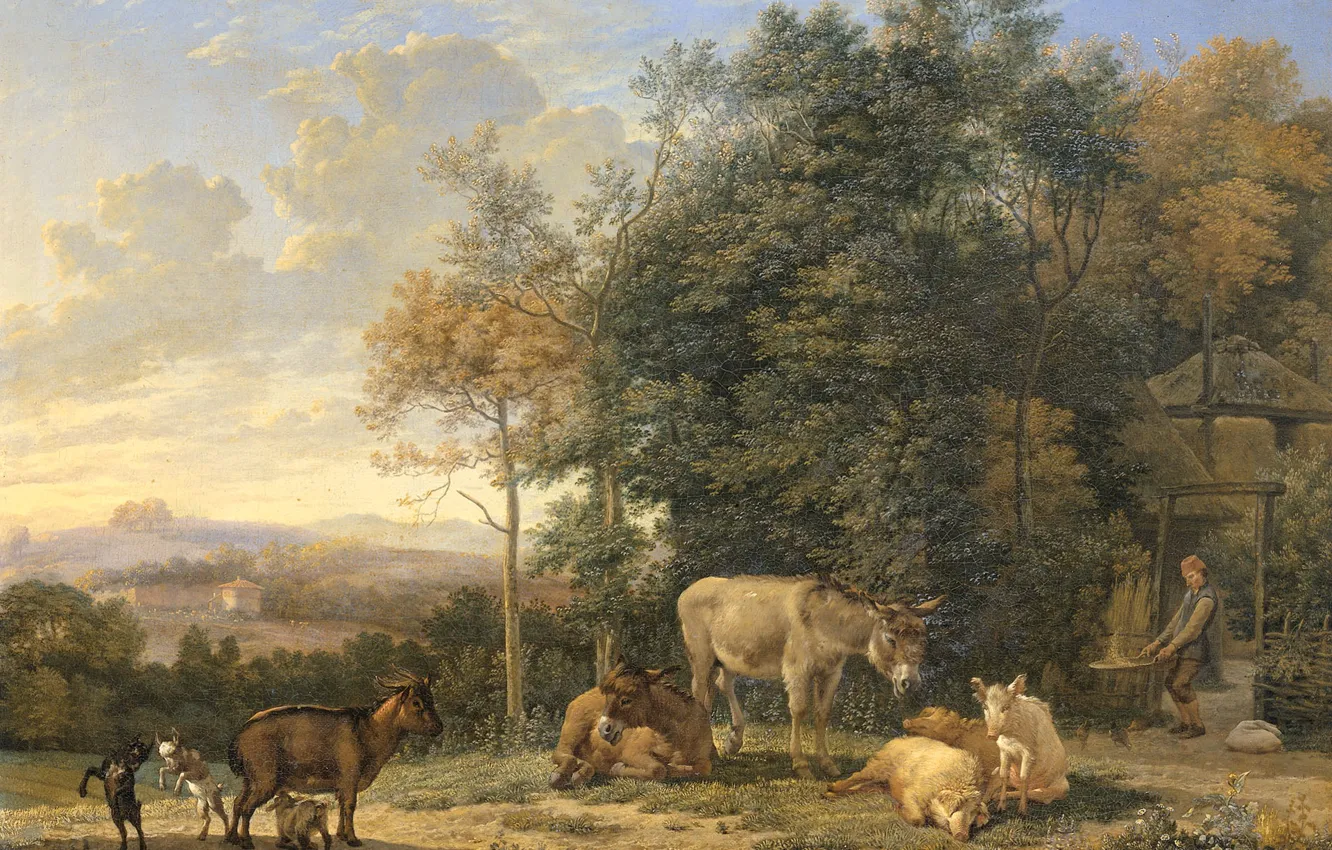Photo wallpaper animals, picture, Karel Dujardin, Landscape with Two Donkeys Goats and Pigs