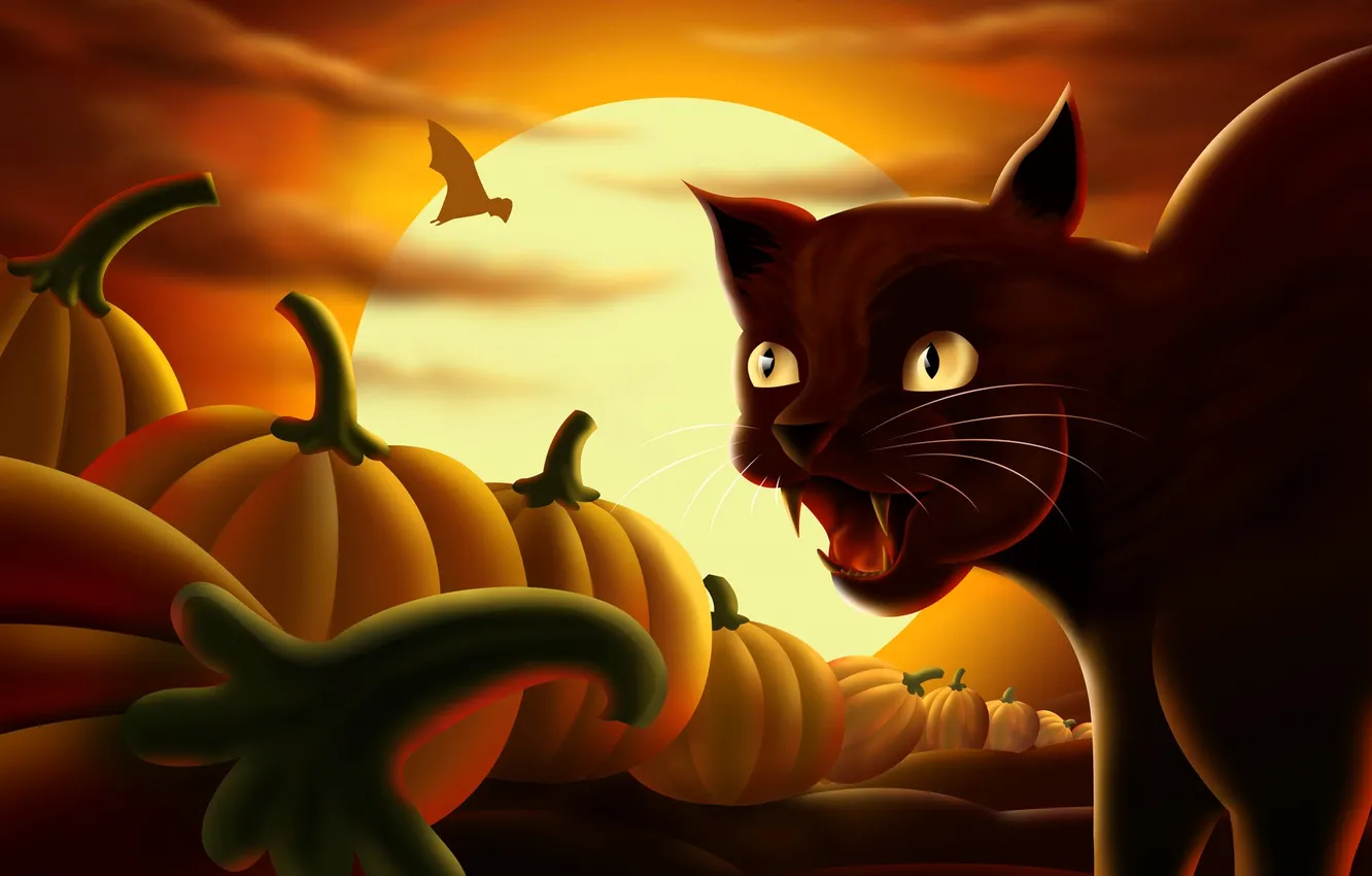 Photo wallpaper cat, the moon, pumpkin, bat, Halloween, Helloween