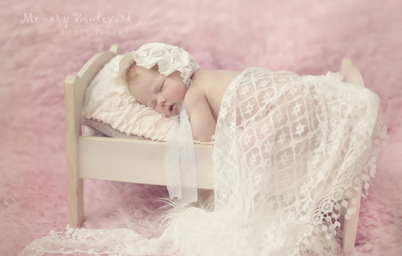 Photo wallpaper sleeping, lace, baby, cot