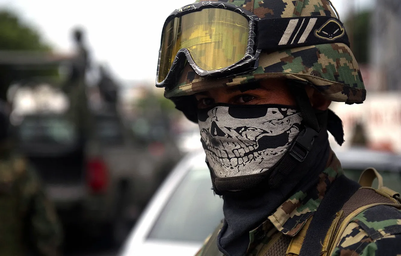 Photo wallpaper macro, war, skull, mask, Mexico, bandana, uniform, addict
