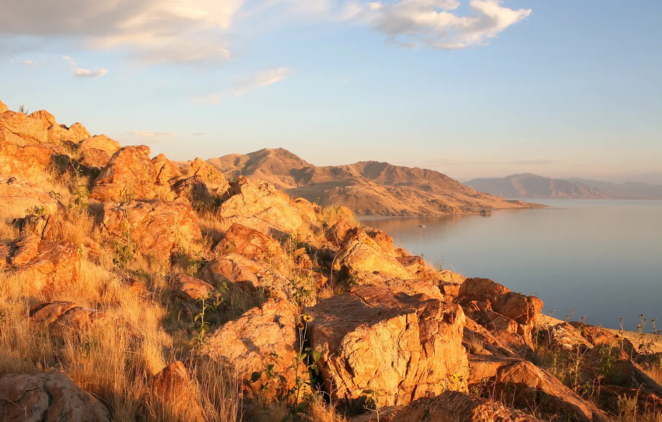 Photo wallpaper the sky, clouds, lake, mountain